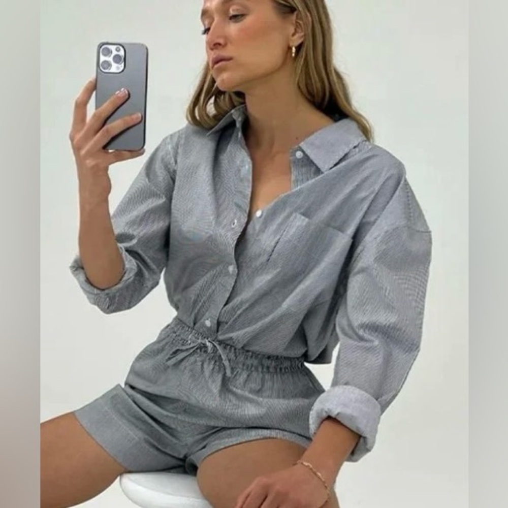WeWoreWhat Black White Striped Cotton Poplin Boyfriend Button Front Shirt Sz M/L